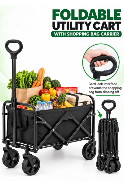 zeetwo Foldable Shopping Cart 100kg Heavy-Duty Utility Wagon, 360° Wheels, Ad...