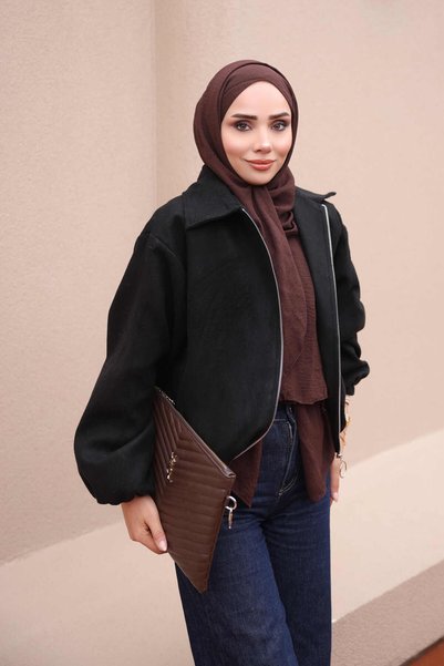 İmajButik Black Jacket with Zipper and Zippered Pockets