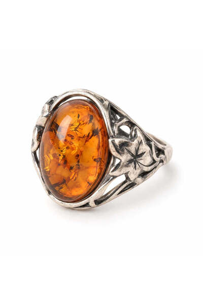 craftmystic Adjustable ring with natural amber, colorful pattern, 925 silver ...