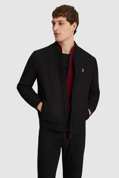 U.S. Polo Assn. معطف رجالي أسود بياقة عالية وسحاب وجيوب، موديل 50326204-VR046.