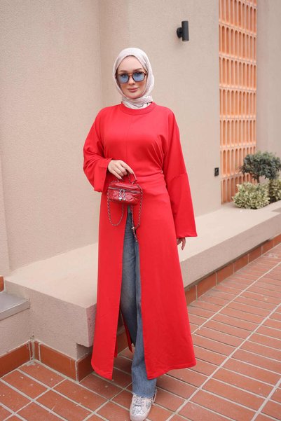 İmajButik Long Tunic with a Red Tie-Detail and Slit