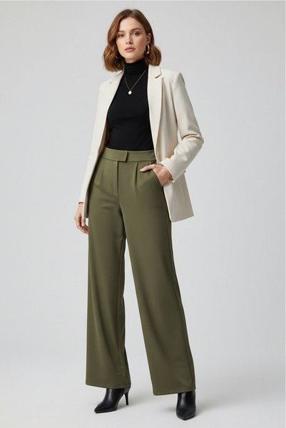 Şeker Portakalım Women's Lycra Velcro Closure Palazzo Trousers 4433 Khaki