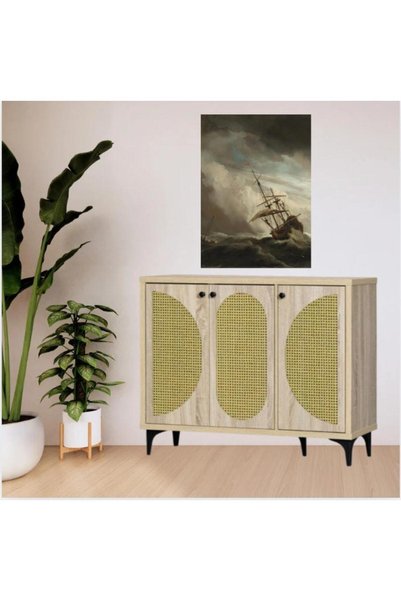DECORA جزامة مودرن 3 أبواب راتان بأرفف قابلة للتعديل 119×35×93 سم - خشبي فاتح
