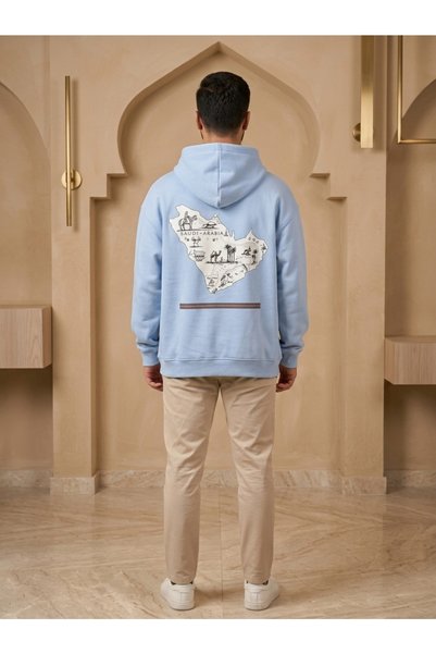 HAI COLLECTİON Blue Hooded Sweatshirt with a Map of Saudi Arabia Printed on It