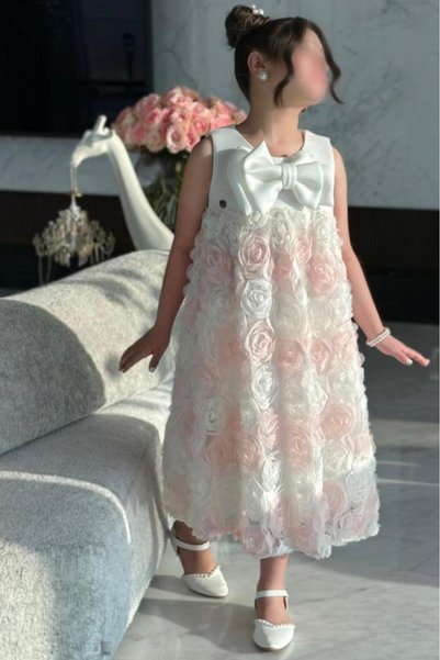 Alesaei-mondo tondo Girls' white and pink tulle dress with 3D roses and big b...