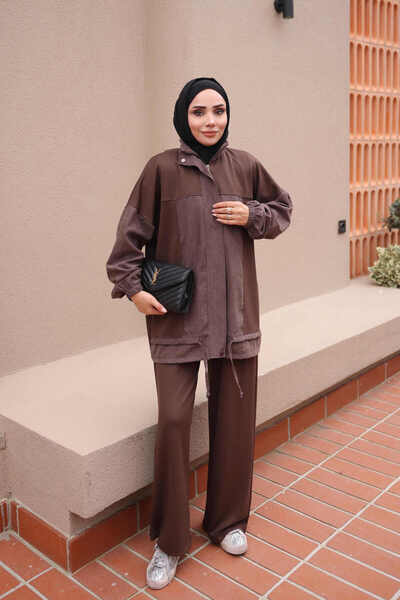 İmajButik Brown Oxford-Paneled Tunic and Pants Set