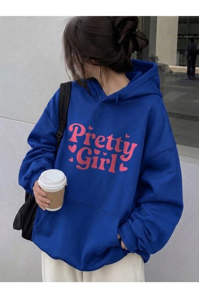 HAI COLLECTİON Blue Oversized Hooded Sweatshirt with "Pretty Girl" Print