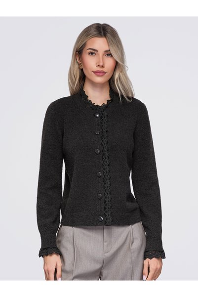 OMBRE Cardigan de damă, ușor cambrat, cu dantelă, mâneci lungi, maro OW-SW-E0034