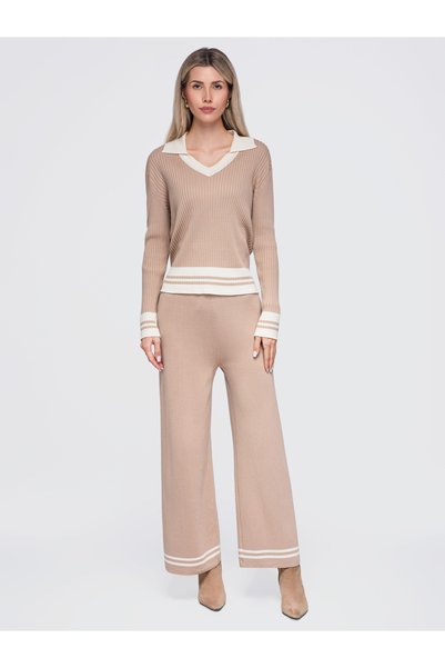 OMBRE Set de damă din două piese, tricotat reiat, guler polo, pantaloni cu pi...