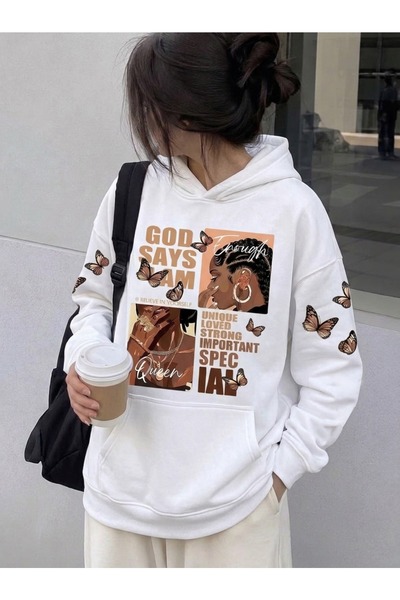 HAI COLLECTİON White Oversized Hooded Sweatshirt with Butterfly Print