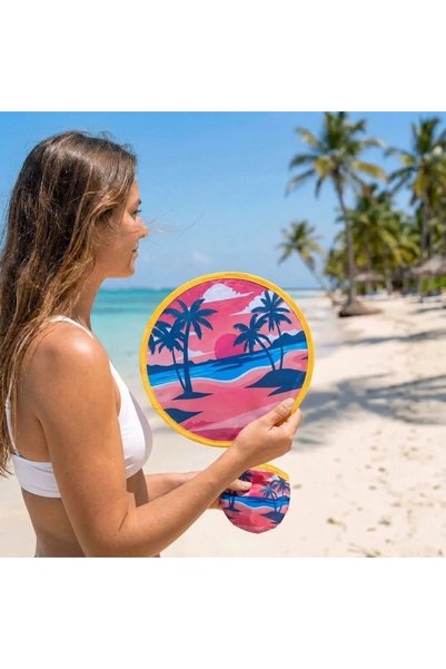 UCUZTEKNO Sunset Palm-Patterned Foldable Pocket Fan - Round Hand Fan with Cas...