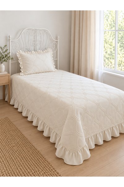 Decamor home Embroidered Bedspread with Ruffle Detail, Single Size (1.5-Person)