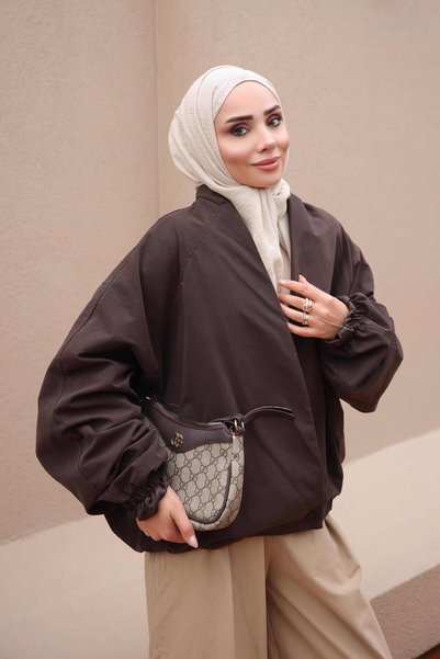 İmajButik Brown Balloon-Sleeve Jacket with Side Pockets