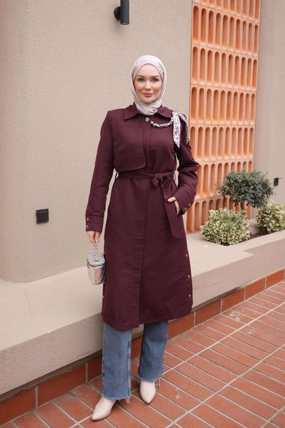 İmajButik Burgundy Trench Coat with Collar Detail, Buttons, and Tie-Detail Cl...