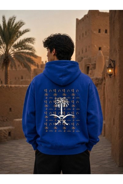 HAI COLLECTİON Blue Hooded Oversized Cotton Sweatshirt