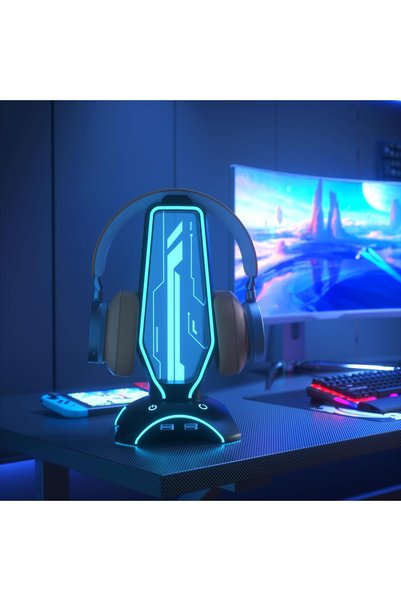 GENERAL حامل سماعات رأس RGB وحامل سماعات الألعاب مع محور USB ثلاثي المنافذ، ي...