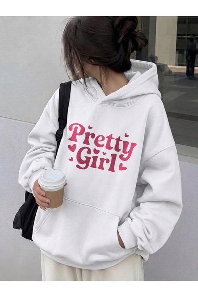 HAI COLLECTİON White Oversized Hooded Sweatshirt with "Pretty Girl" Print