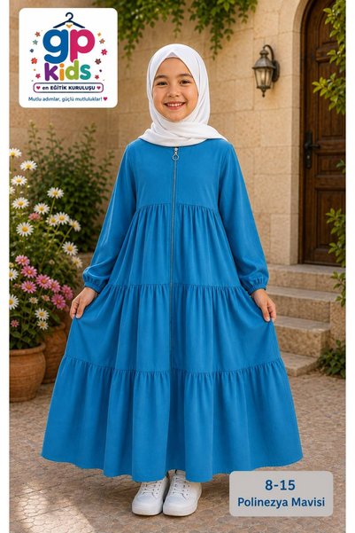 GP KIDS 3-LAYER RUCHDED CHILDREN'S ABAYA, PETROLEUM BLUE