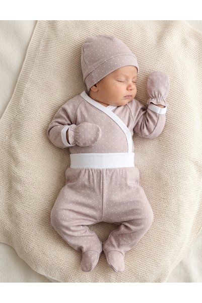 MiniKids Set 4 piese bebe, nou nascut, buline, cu bej