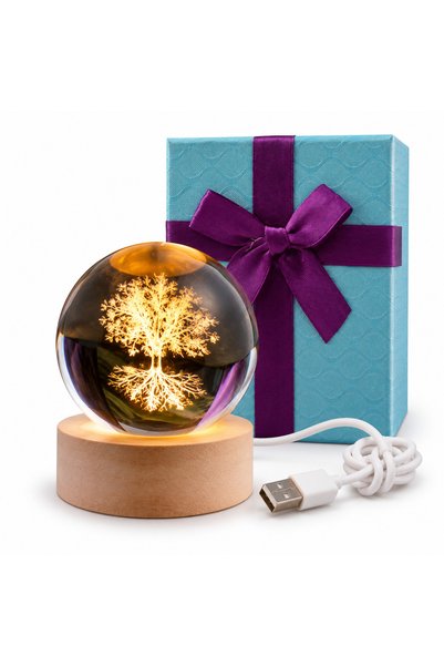 craftmystic Lampă Glob din Sticlă Copacul Vieții cu Bază din Lemn