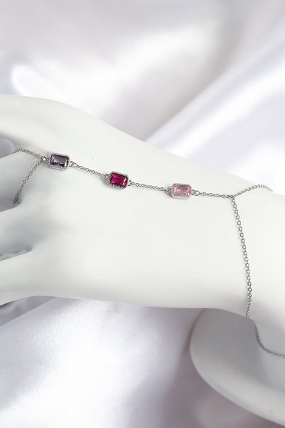 ETC Brass Colorful Zircon Stone Rectangular Model Silver Color Women's Shahme...