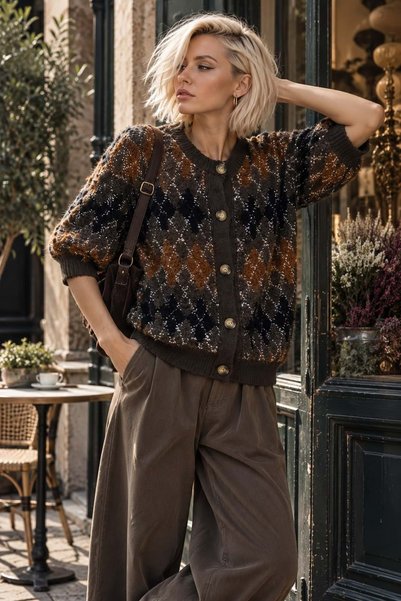 ibeeka Short-sleeved coffee-toned knit cardigan with a baklava pattern.