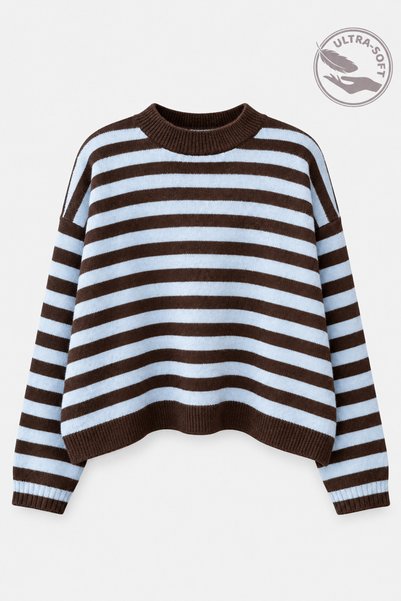 Mixray 7016 Pulover basic oversize cu dungi pentru femei, maro - bleu