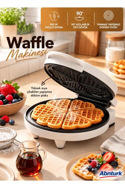 abnturk 850W Beyaz Waffle Makinesi-182mm Yanmaz Yapışmaz Döküm Plakalı 5 Dili...