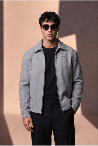 BASEL.CO Modern Fit Polo Collar Melton Jacket