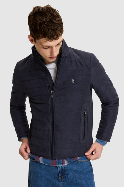 U.S. Polo Assn. Men’s Navy Blue Mock Neck Zipper-Front Suede-Look Leather Jac...