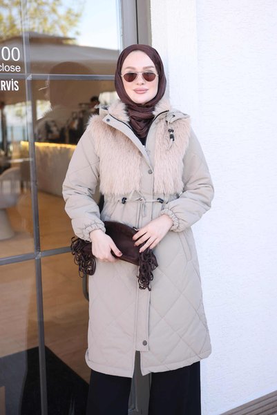 İmajButik Taupe Color Fur-Trimmed Quilted Jacket with Tie-Detail and Tie-Fron...