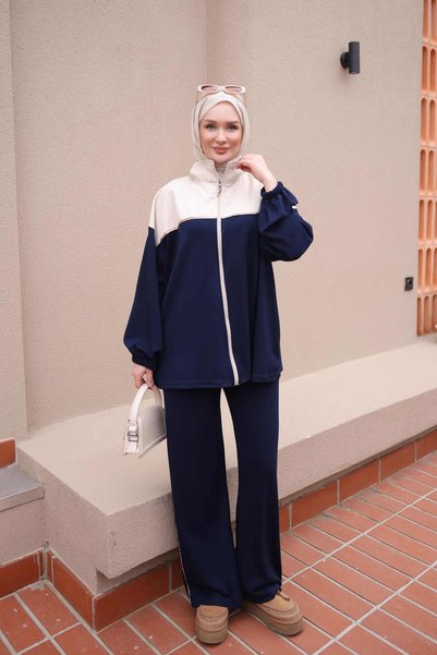 İmajButik Navy Blue Color Blocked Cardigan and Pants Track Suit