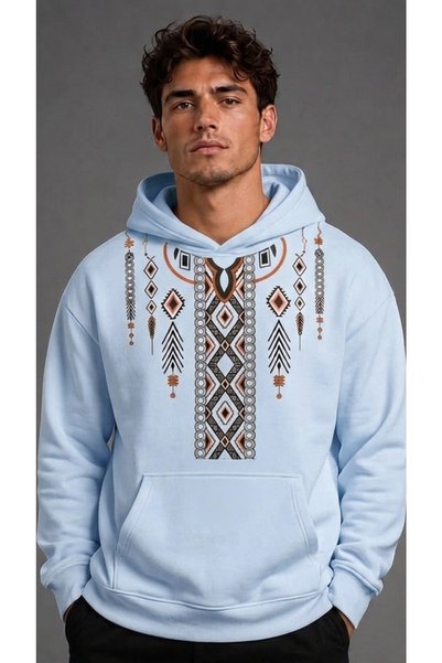 HAI COLLECTİON Blue Hooded Sweatshirt with Ethnic Pattern, Oversized