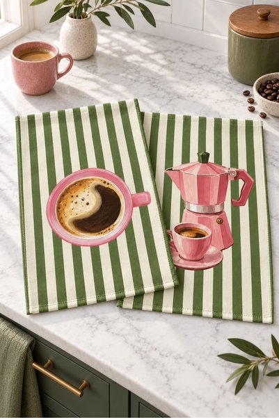 Evmila Olive Mocha Coffee Moka Pot Green Striped Pattern Digitally Printed 2-...