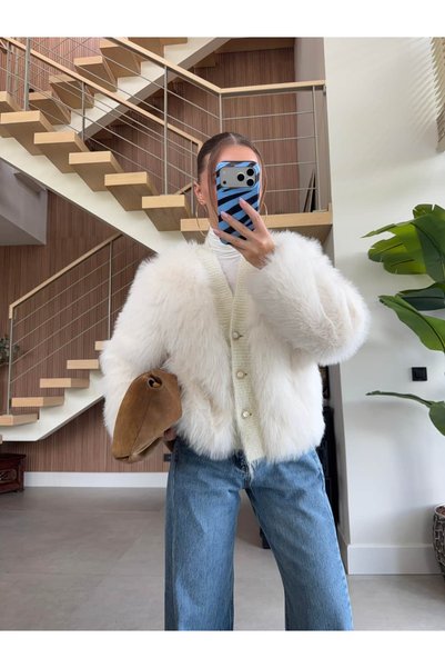 BB Bensu Buyruk Faux Fur Coat with Gold Buttons