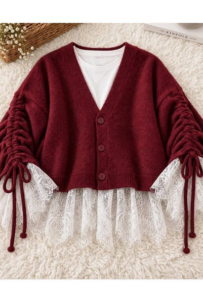 EFSUN MODA WOMEN'S PREMIUM LACE Ruched Detail Sleeve Knit Cardigan