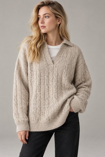 Vireo Club Women's Beige Braided Polo Collar Oversized Sweater