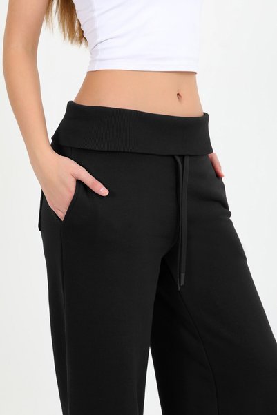 HDM Kadın Siyah Beli Katlamalı Paçası Ayarlanabilir Barrel Fit Bol Kesim Pantolon - H6187