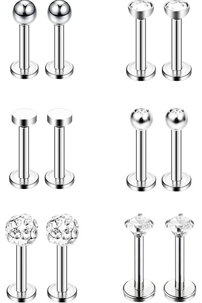 ELECDON 6 Pairs Stainless Steel Nose Studs Tragus Bars Labret Bars Crystal Ba...