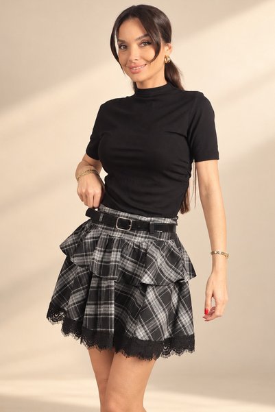 By Saygı Women's Waist-Tied Plaid Skirt with Lace Layers, Mini Skirt