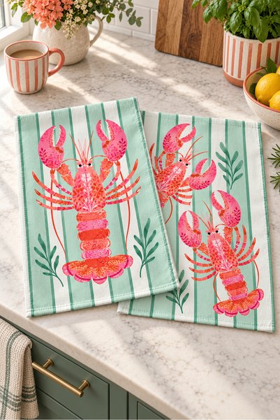 Evmila Coral Lobster Green Striped Pattern Digitally Printed 2-Piece Kitchen ...