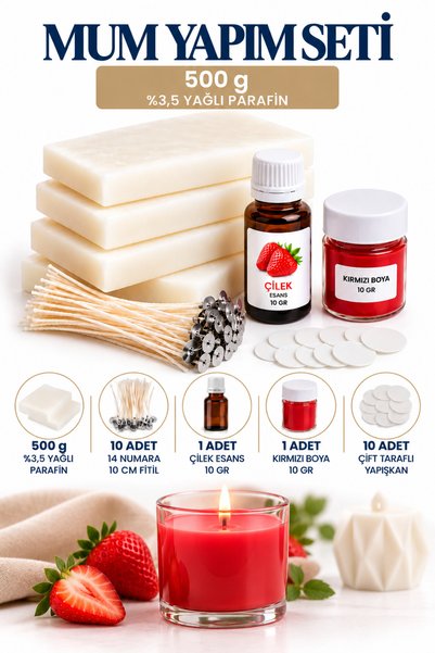 hk Mum Yapım Seti 500 g %3,5 Yağlı Parafin, 14 Numara 10 cm Fitil, Çilek Esan...