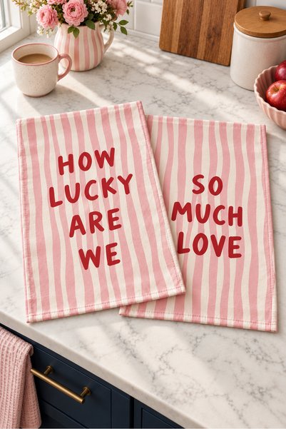 Evmila Lucky Love Pink Striped and Digitally Printed Kitchen Towel Set, 35x55 cm