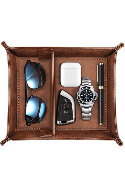 JOYZZZ Desktop Storage Organizer, Brown Valet Tray with 2 Removable Compartme...