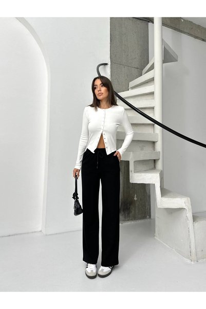 Thin Shop Women's Black Wide-Leg Cotton Sweatpants with Drawstring Waist, Ela...