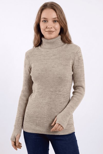 hadiora Women's Stone-Colored Crew-Neck Corded Fabric Finger-Loop Knit Sweater