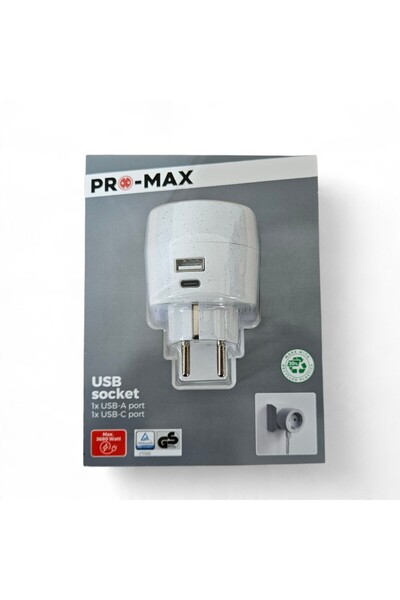 Promax Pro-Max Adaptor Priza Schuko cu Incarcator USB, 1x USB-A si 1x USB-C, ...