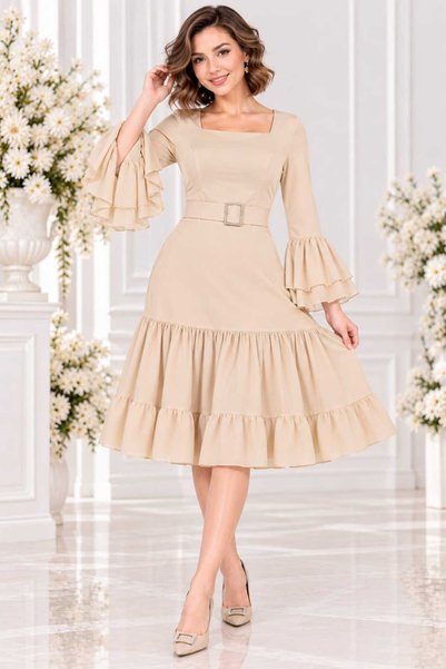 Velora Dresses فستان ميدي بي اللون البيج باكمام كلوش