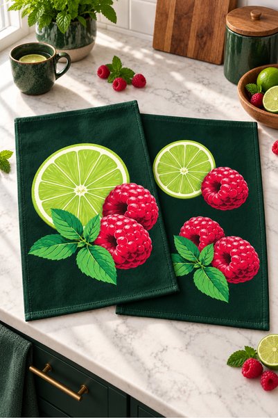 Evmila Berry Lime: Raspberry and Lemon, Dark Green Patterned, Digitally Print...