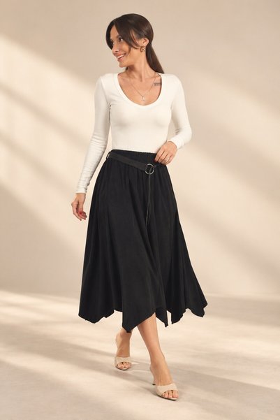By Saygı Women's Elastic-Waist, Pockets, Suede-Textured Asymmetrical Skirt